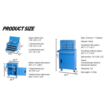 Tool Chest, 5-Drawer Rolling Tool Storage Cabinet with Detachable Top Tool Box, Liner, Universal Lockable Wheels, Adjustable Shelf, Locking Mechanism, Metal Tool Cart for Garage Workshop