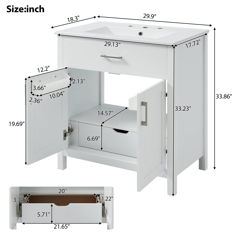 30-Inch  Bathroom Vanity with Ceramic Sink and Ample Storage - The Perfect Choice for Small Bathrooms