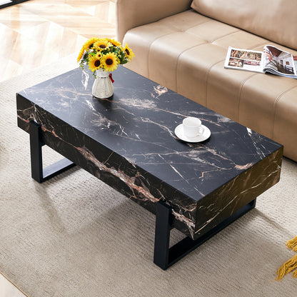 47.2"x23.6" Black and White Minimalist MDF Marble-Patterned Coffee Table.White marble pattern sticker,Black metal leg spray coating,MDF Coffee table.Showcasing a modern and simple style.