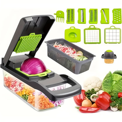 14/16 pieces/set, multi-function vegetable slicer, multi-purpose chopper, fruit and vegetable slicer, kitchen shredder, kitchen supplies, onion shredder, manual vegetable slicer with container and lid, potato shredder, kitchen supplies