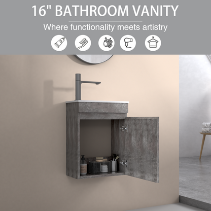 16" Floating Bathroom Vanity with Sink, Wall-Mounted Small Bathroom Storage Vanity Cabinet with Resin Top Basin and Soft Close Doors, Dark Birch 24V11-16DB