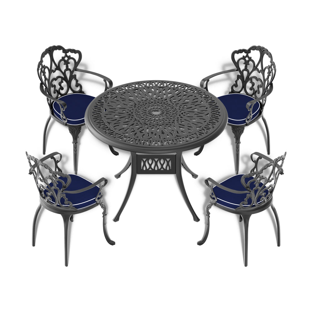 Ø35.43-inch Cast Aluminum Patio Dining Table With Black Frame and Umbrella Hole
