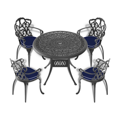Ø35.43-inch Cast Aluminum Patio Dining Table With Black Frame and Umbrella Hole