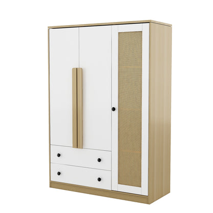 3-Doors Wooden Rattan Wardrobe Storage for Bedroom,with 2 Drawers,White+Nature