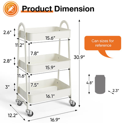 3 Tier Small Rolling Cart, Metal Utility Storage Organizer Kitchen Trolley Bathroom Laundry Room Bar Office Shelves