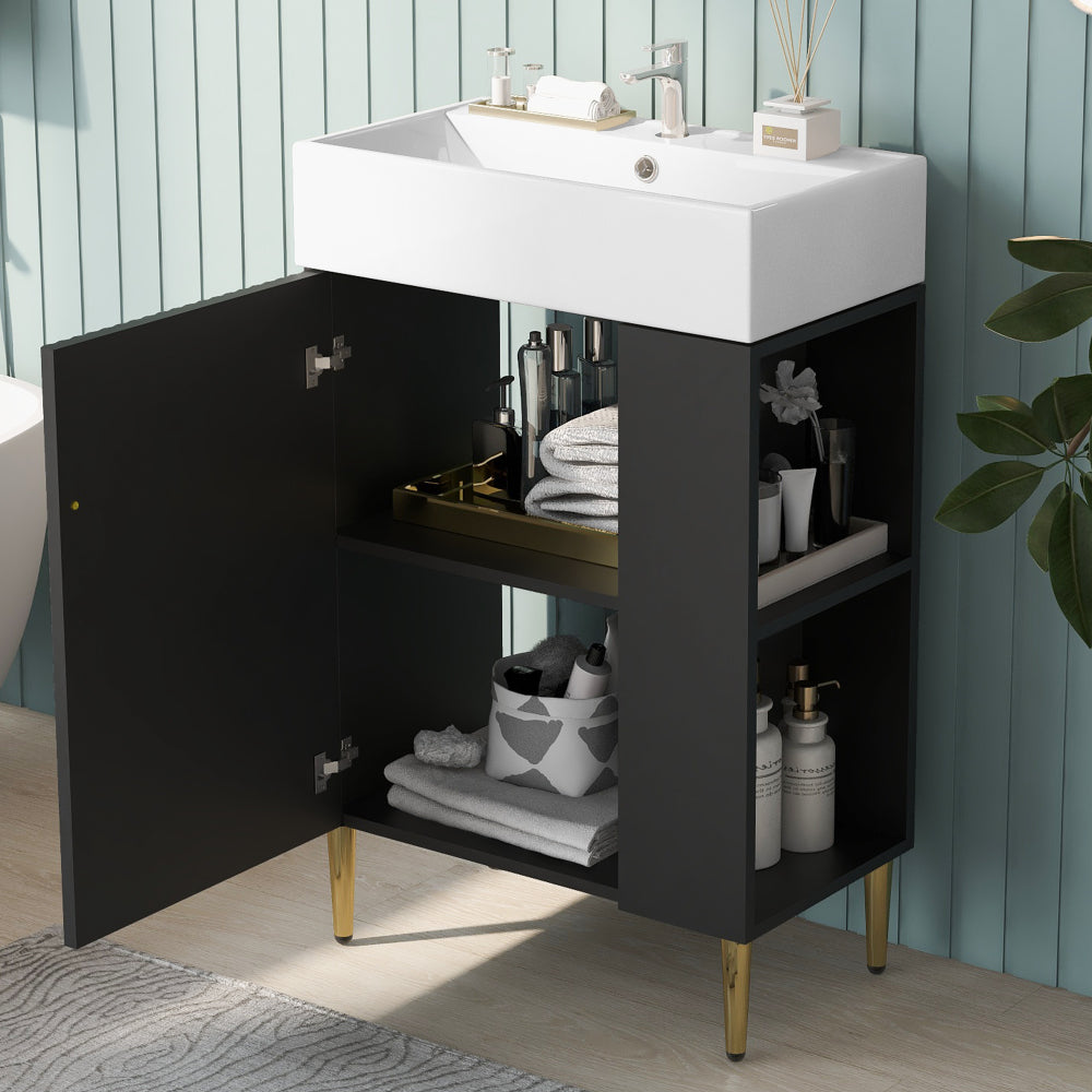 21.6" Black Bathroom vanity, Combo Cabinet, Bathroom Storage Cabinet, Single Ceramic Sink, Left side storage