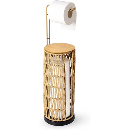 Freestanding Toilet Paper Holder with Storage,3 Rolls of Tissue Holder for Bathroom,Handmade Woven Toilet Paper Roll Holder Stand,Rattan Sturdy Boho Bathroom Decor Farmhouse Toilet Paper Storage