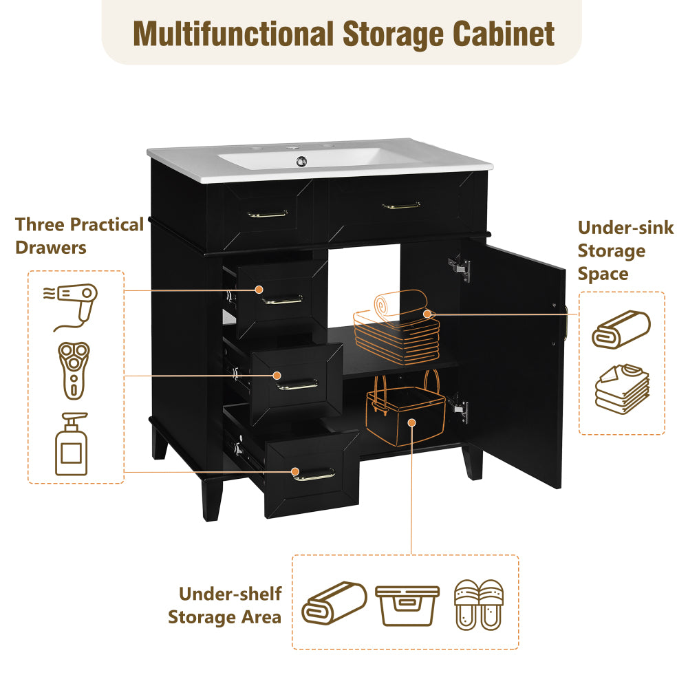30-Inch Bathroom Vanity with Ceramic Sink, Adjustable Shelf, Soft Close Door, and Three Soft Close Drawers