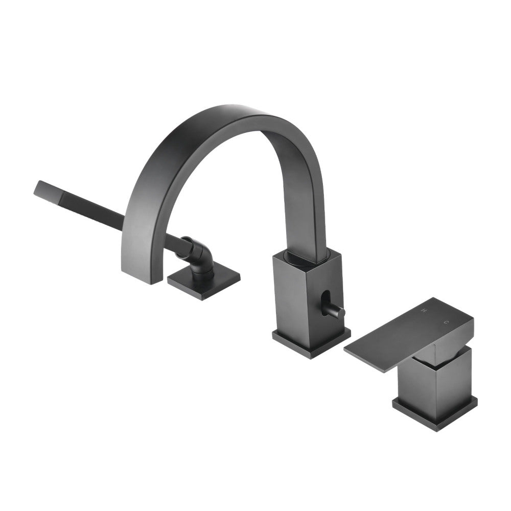 Waterfall Bathtub Faucet with Sprayer, 3-Hole Roman Tub Filler with Hand Shower Deck Mount Waterfall Tub Spout Set