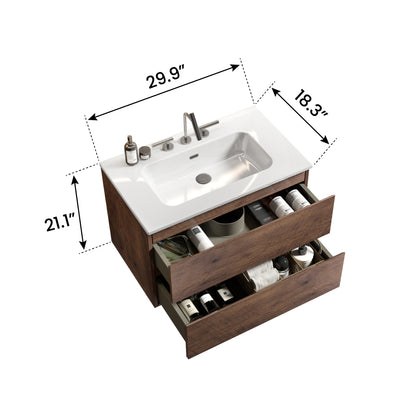 Wall Mount 30" Walnut Bathroom Vanity with Ceramic Sink with three faucet holes, Large Storage Floating Bathroom Vanity for Modern Bathroom, One-Piece Sink Basin without Drain, Pre-assembled