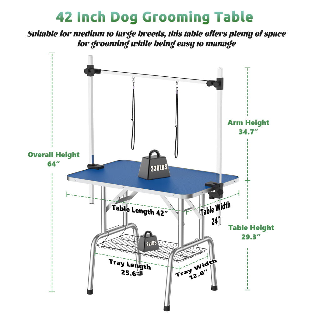 42 Inch Foldable Dog Grooming Table for Home with Adjustable Arm, Noose, Non-Slip Surface, and Storage Mesh Tray