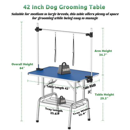 42 Inch Foldable Dog Grooming Table for Home with Adjustable Arm, Noose, Non-Slip Surface, and Storage Mesh Tray
