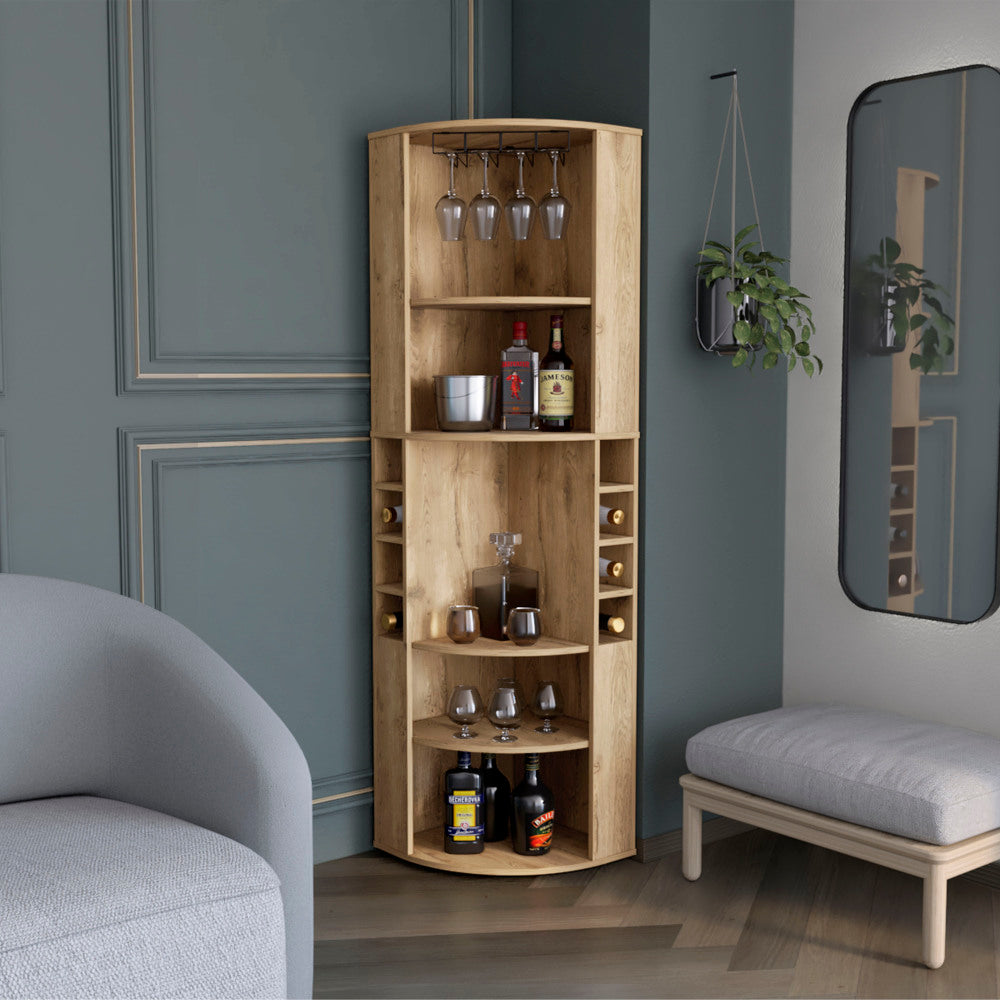 Oban Corner Bar Cabinet with Five Shelves , Eight Bottle Cubbies and Steamware Black