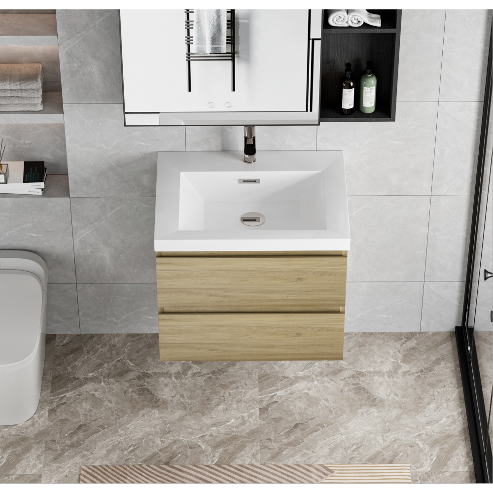 30" Floating Bathroom Vanity with Sink, Modern Wall-Mounted Bathroom Storage Vanity Cabinet with Resin Top Basin and Soft Close Drawers, Natural Oak 24V11-30NO