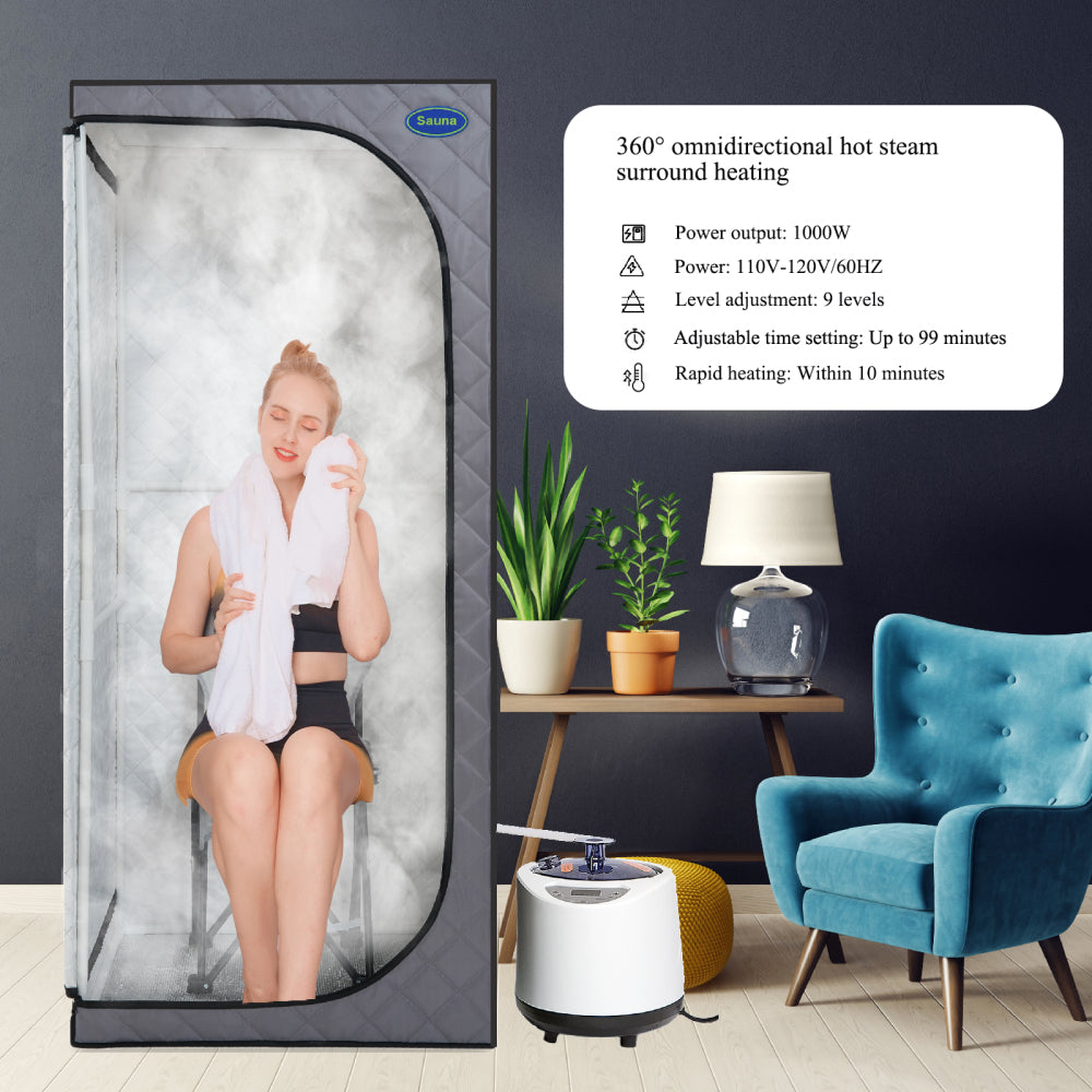 Full Size Portable Grey Steam Sauna tent–Personal Home Spa, with Steam Generator, Remote Control, Foldable Chair, Timer and PVC Pipe Connector Easy to Install.Fast heating, with FCC Certification