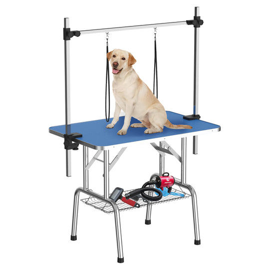 36 Inch Foldable Dog Grooming Table for Home with Adjustable Arm, Noose, Non-Slip Surface, and Storage Mesh Tray