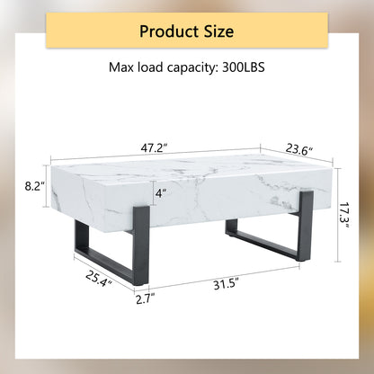 47.2"x23.6" Black and White Minimalist MDF Marble-Patterned Coffee Table.White marble pattern sticker,Black metal leg spray coating,MDF Coffee table.Showcasing a modern and simple style.