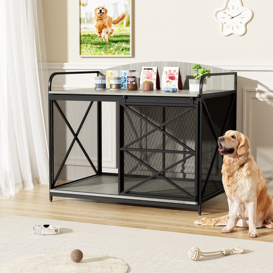 42.8" Heavy Duty Large Dog Crate Furniture for Large Medium Dog, Farmhouse Wooden Dog Kennel Indoor End Table, Decorative Pet House for Large Dogs, Gray