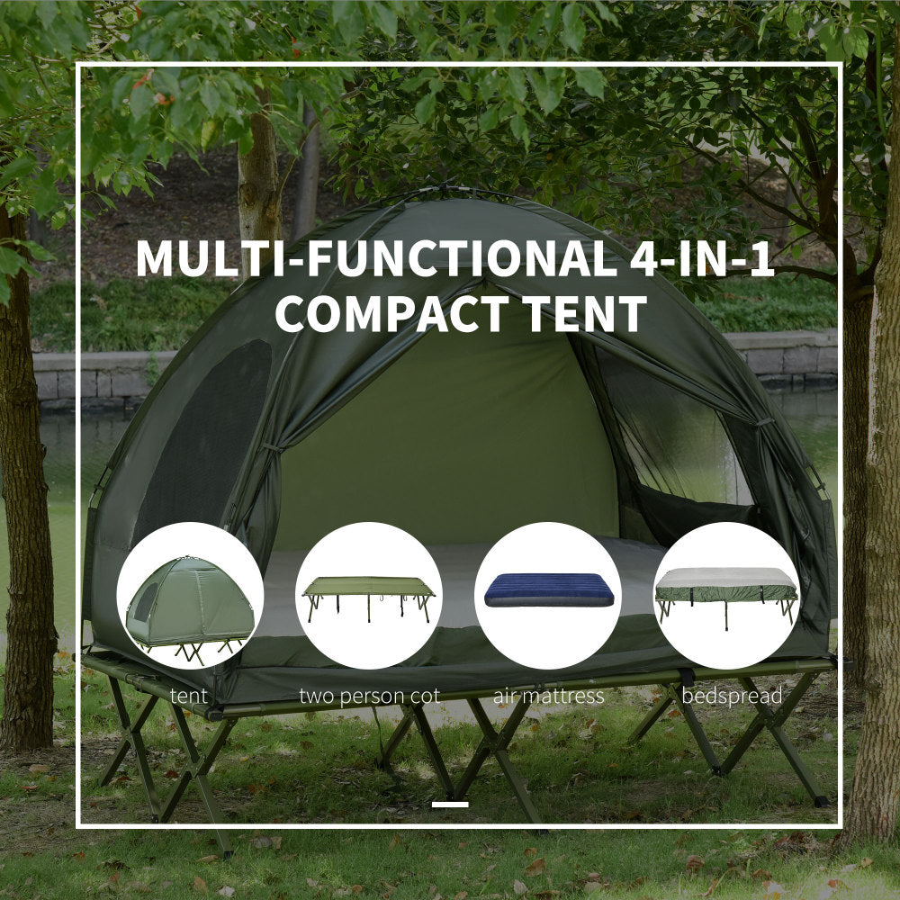 Outsunny 2 Person Foldable Camping Cot with Tent, Bedspread and Thick Air Mattress, 4-In-1 Elevated Camping Bed Tent for Outdoor Hiking, Picnic, Travel