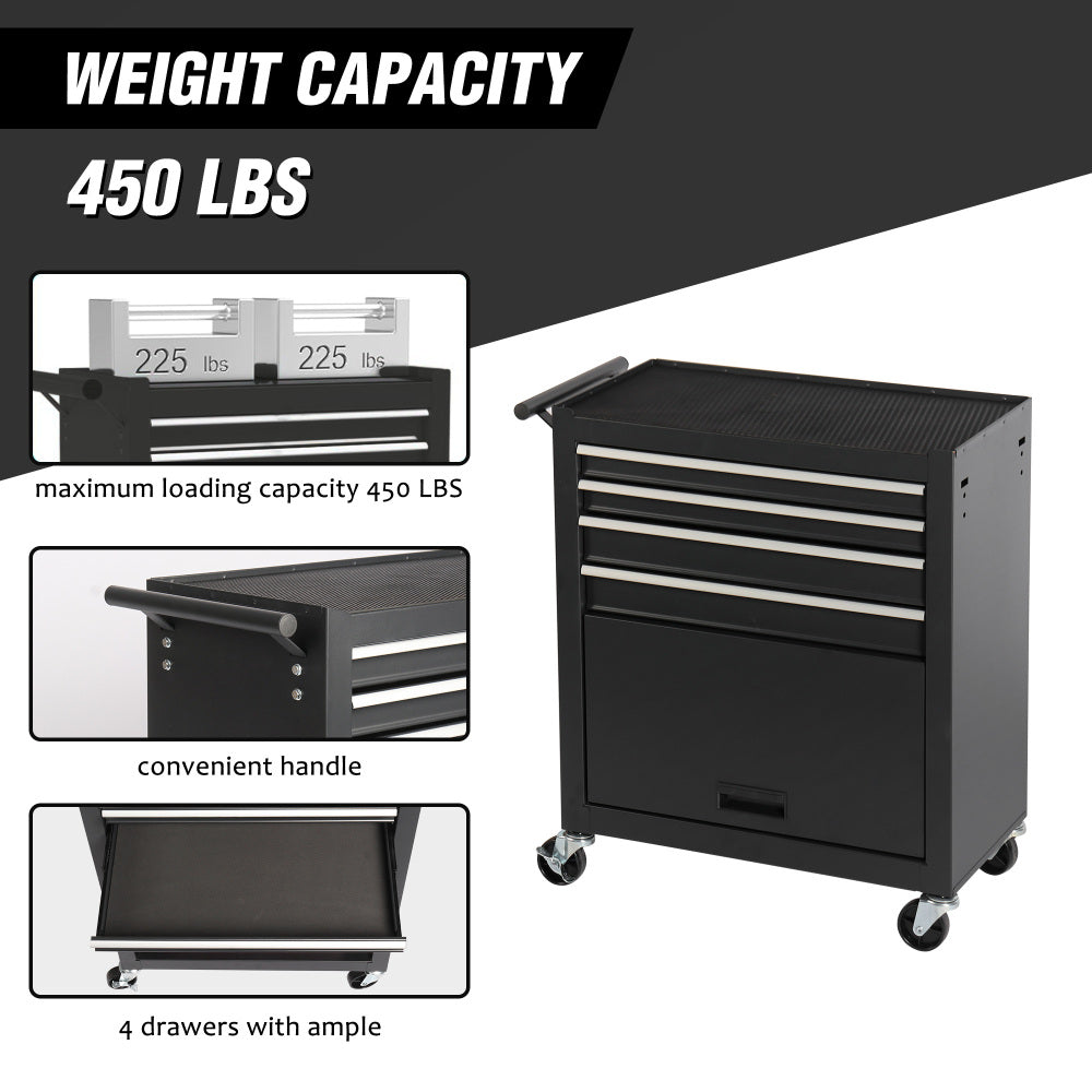 4-Drawer Rolling Tool Chest, Cabinet with 4 Wheels Tool Chest with Drawers, Suitable for Garages, Warehouses, Workshops, Repair Shops, Black