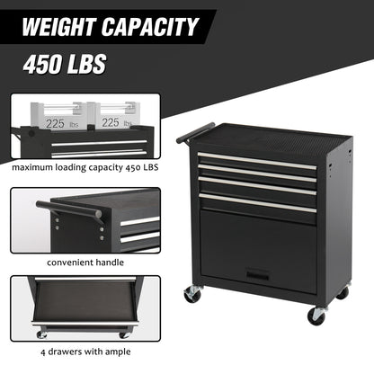 4-Drawer Rolling Tool Chest, Cabinet with 4 Wheels Tool Chest with Drawers, Suitable for Garages, Warehouses, Workshops, Repair Shops, Black
