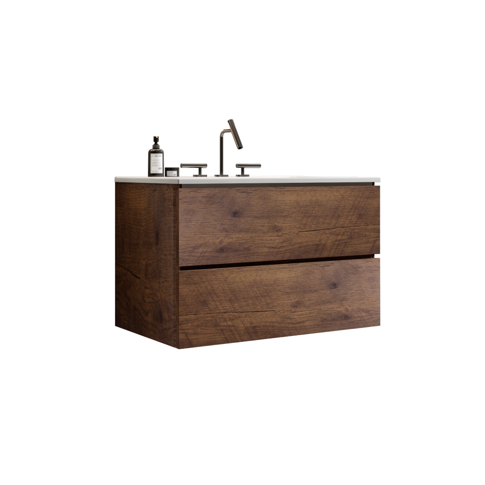 Wall Mount 30" Walnut Bathroom Vanity with Ceramic Sink with three faucet holes, Large Storage Floating Bathroom Vanity for Modern Bathroom, One-Piece Sink Basin without Drain, Pre-assembled
