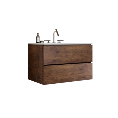Wall Mount 30" Walnut Bathroom Vanity with Ceramic Sink with three faucet holes, Large Storage Floating Bathroom Vanity for Modern Bathroom, One-Piece Sink Basin without Drain, Pre-assembled