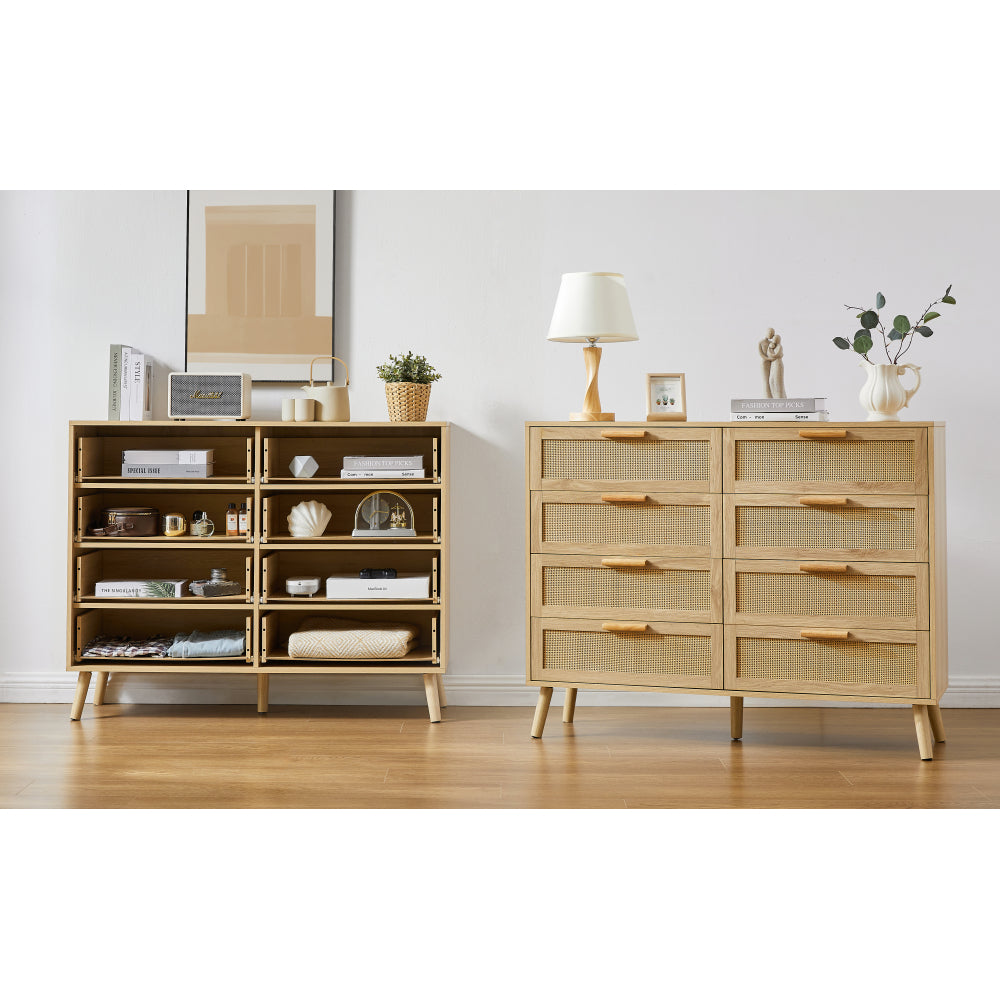 Bedroom dresser, 8 Double Dresser with rattan drawers, wood chest of drawers for kids room, living room, entry and hallway, Natural, 47.2''W x 15.8''D x 37.4''H.