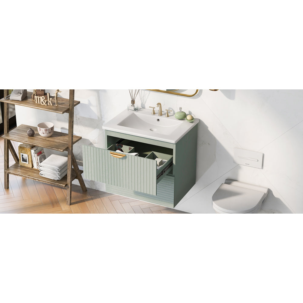 Modern 24-Inch Wall-Mounted Bathroom vanity with 2 Drawers, Green - Ideal for Small Bathrooms