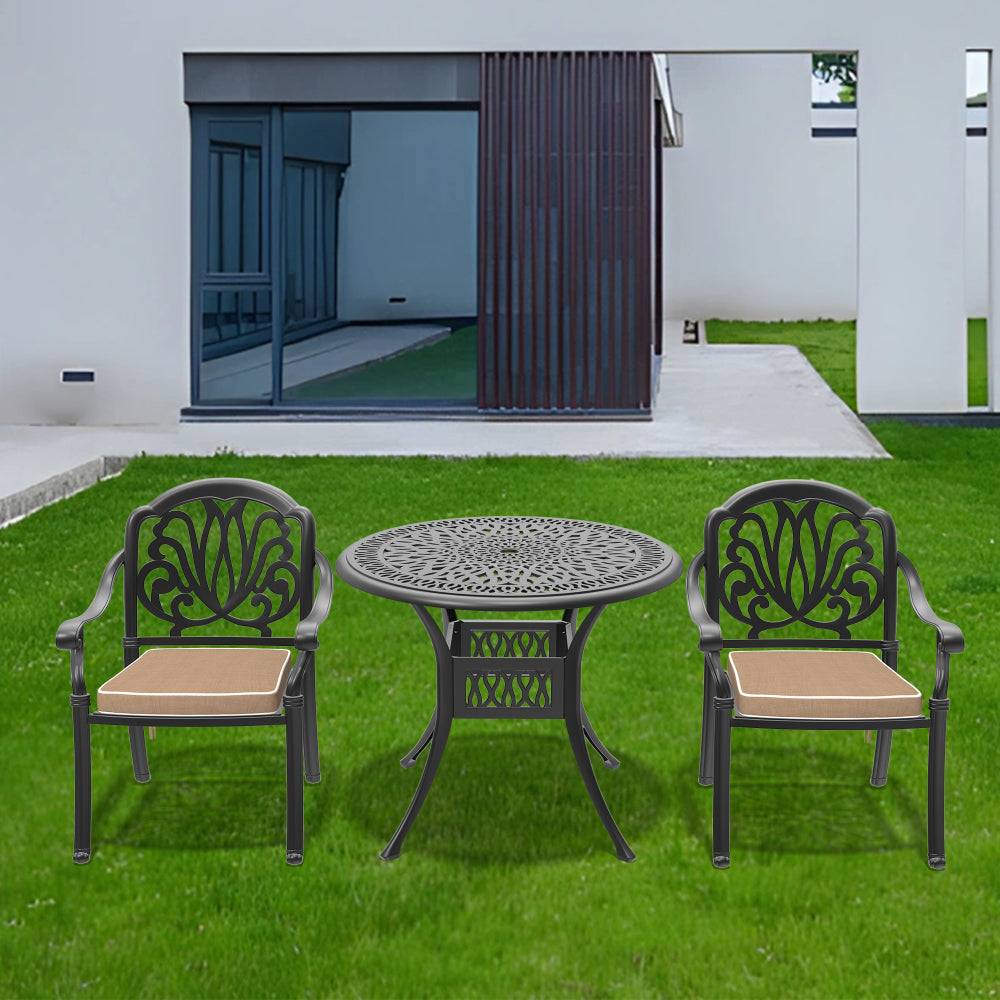 Ø35.43-inch Cast Aluminum Patio Dining Table With Black Frame and Umbrella Hole