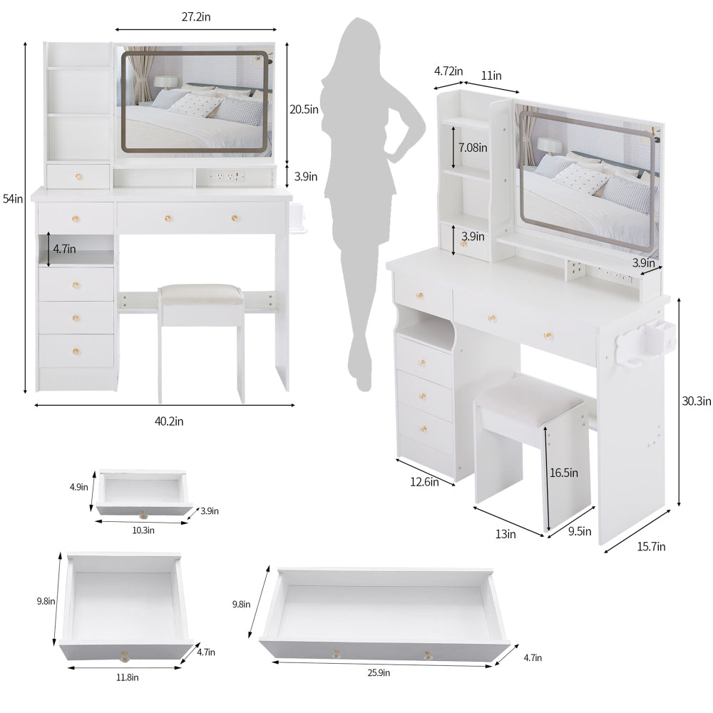 41" Large Size Left Drawer Desktop Vanity Table+Cushioned Stool Dresser Set, 2 AC+2 USB Power Station, Hair Dryer Stand, Extra Large Touch Control LED Mirror, 3-color Switch, EPA, GCC, UL Certificate