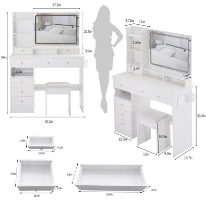 41" Large Size Left Drawer Desktop Vanity Table+Cushioned Stool Dresser Set, 2 AC+2 USB Power Station, Hair Dryer Stand, Extra Large Touch Control LED Mirror, 3-color Switch, EPA, GCC, UL Certificate