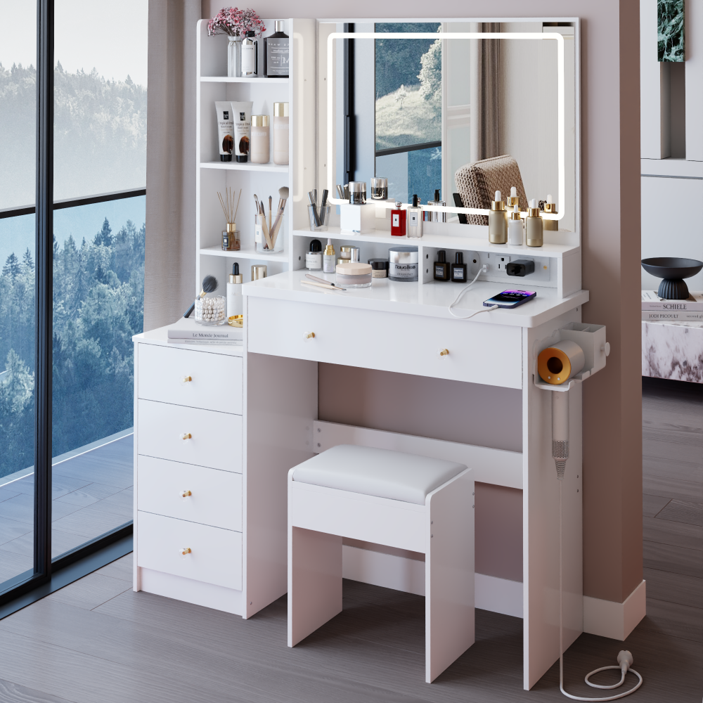 41" Large Size Left Bedside Cabinet Vanity Table+Cushioned Stool Dresser Set, 2 AC+2 USB Power Station, Hair Dryer Stand, Extra Large Touch Control LED Mirror, 3-color Switch, EPA, GCC, UL Certificate
