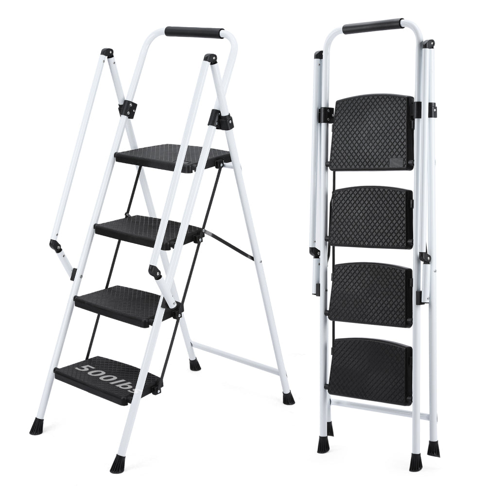 Four step ladder, lightweight folding four step stool, wide anti slip pedal and safety handle, sturdy steel ladder, multi-purpose step ladder, suitable for home, kitchen, and office elevators