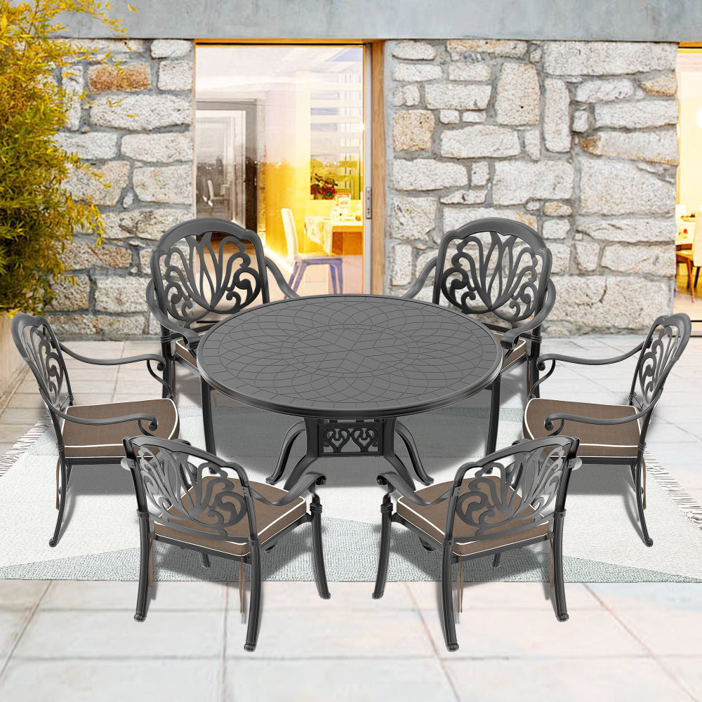 Ø47.24-inch Cast Aluminum Patio Dining Table With Black Frame and Carved Texture on the Tabletop