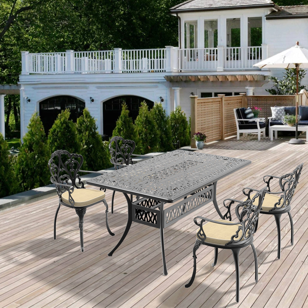 L58.27*W34.65-inch Cast Aluminum Patio Dining Table With Black Frame and Umbrella Hole