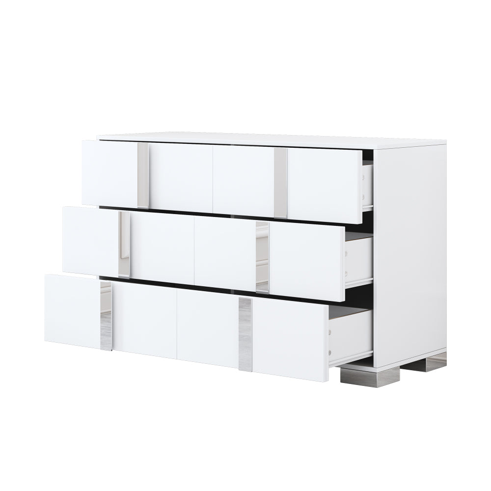 Elegant Modern Dresser with Metal Handle,Mirrored Storage Cabinet with 6 Drawers for Bedroom,Living Room,White