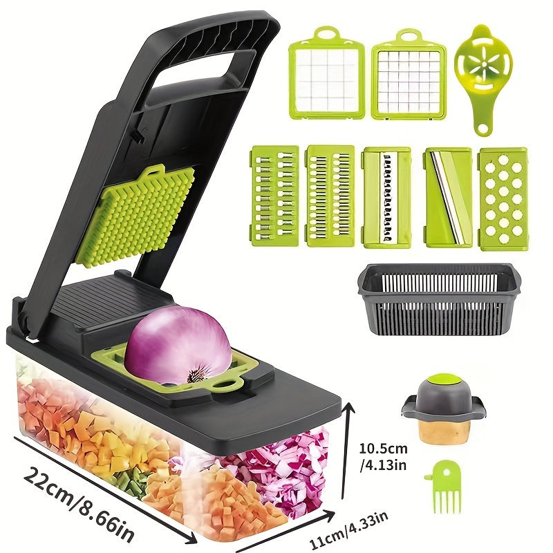 1 Stainless Steel Vegetable Cutter Set - Versatile Manual Food Cutter with Interchangeable Blade, Onion Shredder, Fruit Slicer and Sharpener, Kitchen Gadget Set with Handle and Storage Container