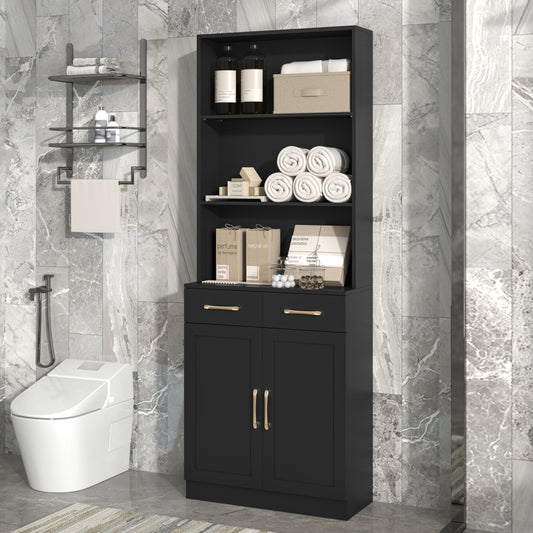 Bathroom Storage Cabinet, Cabinet with Two Doors and Drawers, Adjustable Shelf, Three-layer Open Shelf, MDF Board, Black