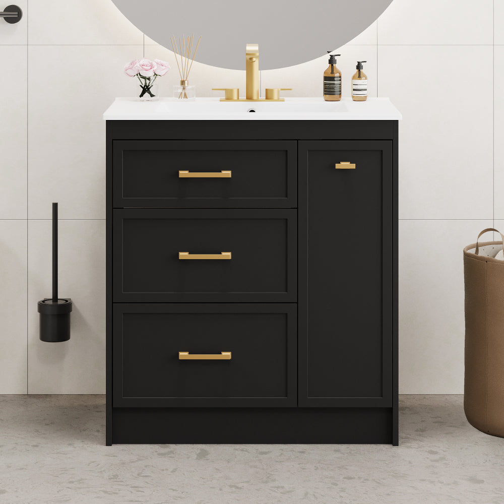 Classic 30" Black Bathroom Vanity Set, Floor Standing, with Three Drawers, One of Which is a Double-Layer Drawer, with Long Gold Handles - Perfect for Small Bathrooms