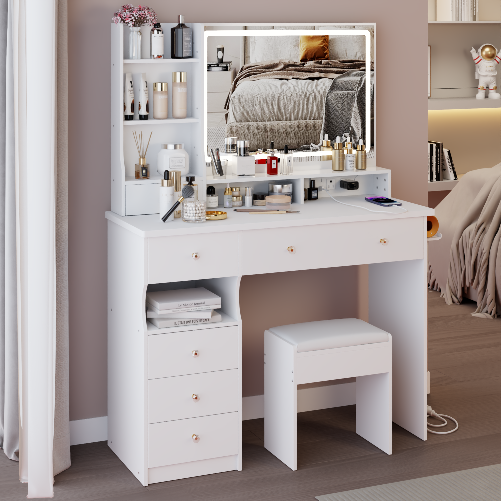 41" Large Size Left Drawer Desktop Vanity Table+Cushioned Stool Dresser Set, 2 AC+2 USB Power Station, Hair Dryer Stand, Extra Large Touch Control LED Mirror, 3-color Switch, EPA, GCC, UL Certificate
