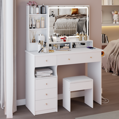 41" Large Size Left Drawer Desktop Vanity Table+Cushioned Stool Dresser Set, 2 AC+2 USB Power Station, Hair Dryer Stand, Extra Large Touch Control LED Mirror, 3-color Switch, EPA, GCC, UL Certificate