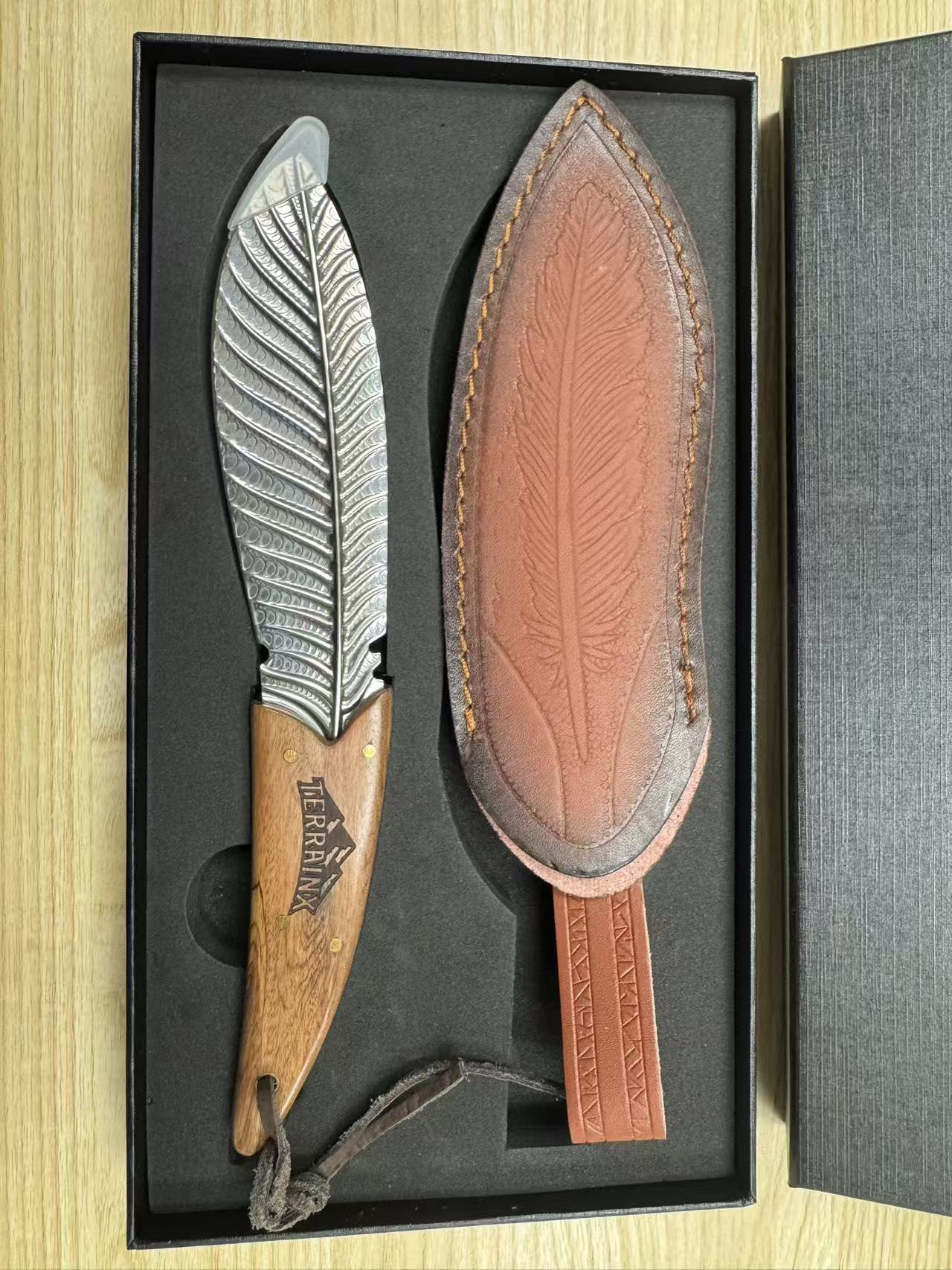 TerrainX Feather-Style Fixed Blade Knife with Premium Leather Sheath
