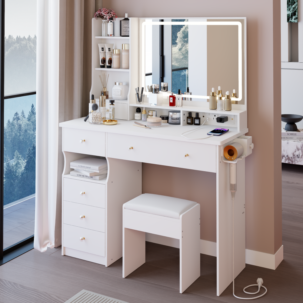 41" Large Size Left Drawer Desktop Vanity Table+Cushioned Stool Dresser Set, 2 AC+2 USB Power Station, Hair Dryer Stand, Extra Large Touch Control LED Mirror, 3-color Switch, EPA, GCC, UL Certificate