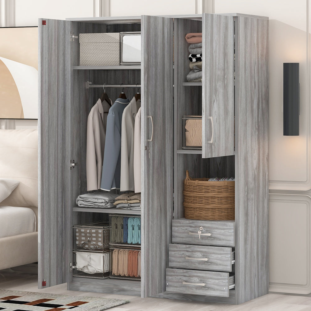 3-Doors Wooden Rattan Wardrobe Storage for Bedroom,with 2 Drawers,White+Nature