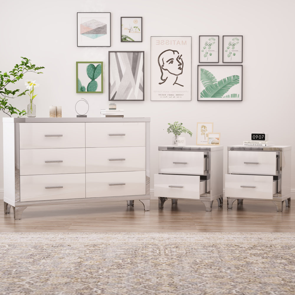 3-Pieces Sets,Dresser and Two Nightstands with Metal Handles and Mirror Decoration, Elegant and Subtle,White