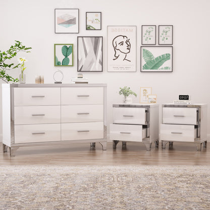 3-Pieces Sets,Dresser and Two Nightstands with Metal Handles and Mirror Decoration, Elegant and Subtle,White