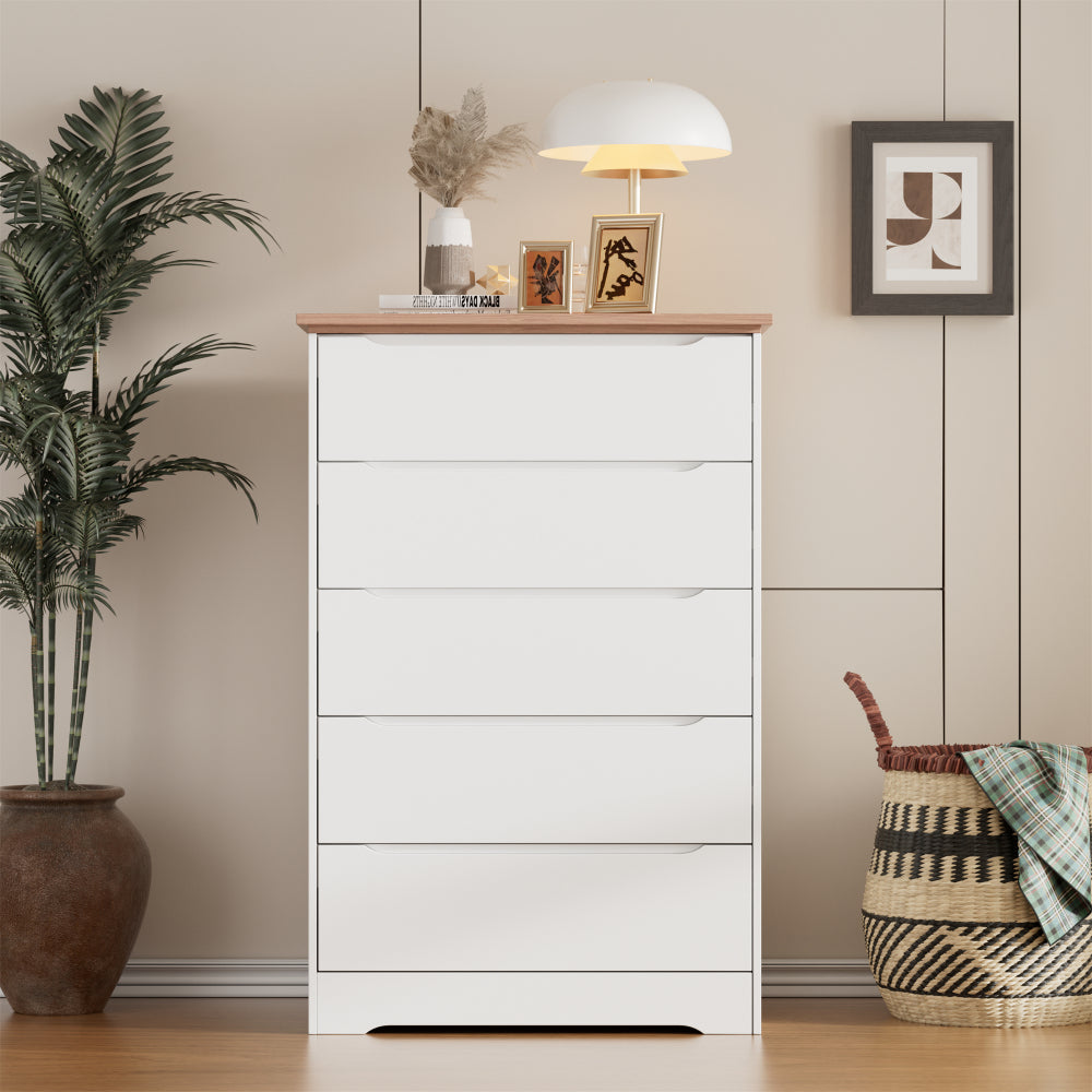 Modern 5 Drawers Dresser for Bedroom, 43.7" Tall Dressers & Chests of Drawers Hidden handle Design for Bedroom, Living Room, (White +Brown)