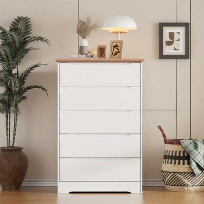 Modern 5 Drawers Dresser for Bedroom, 43.7" Tall Dressers & Chests of Drawers Hidden handle Design for Bedroom, Living Room, (White +Brown)