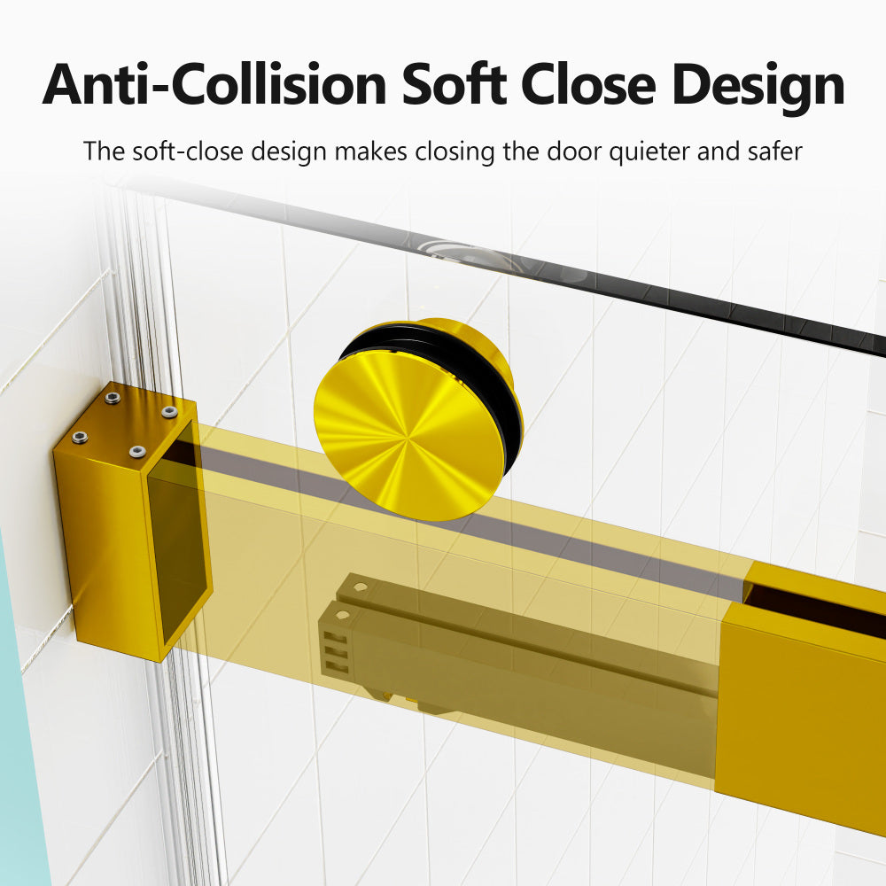 56-60 inches W *76 inches H  Frameless Double Sliding Soft-Close Shower Door in Brushed Gold,3/8 inches (10mm) Thick SGCC Tempered Glass  Door